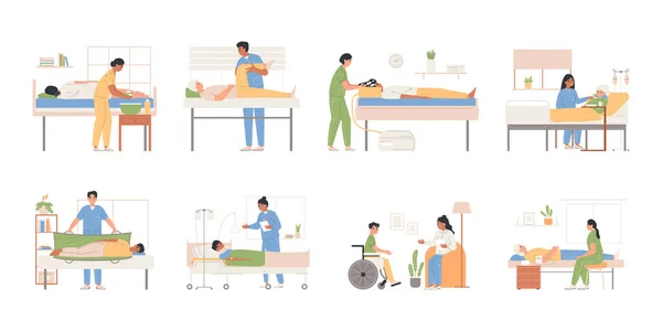 Bedridden Care Flat Set Вісьмома Ізольованими Композиціями Лікарів Які Доглядають — стоковий вектор