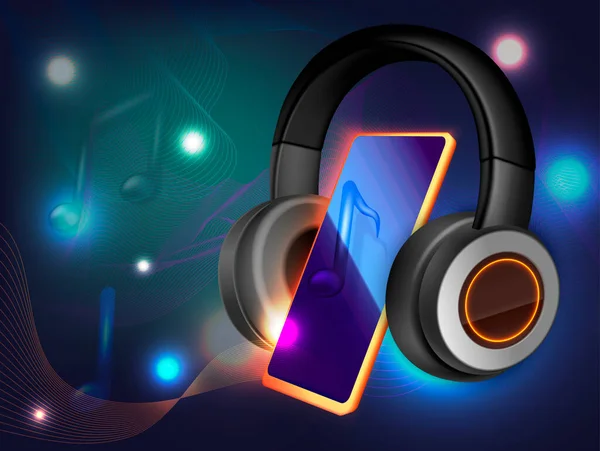 Kopfhörer Bunten Glänzenden Hintergrund Mit Smartphone Musik Notizen Und Leuchtenden — Stockvektor