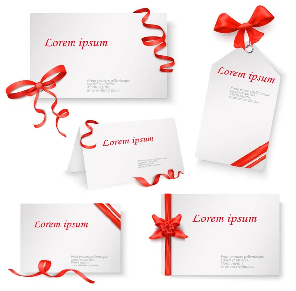 Gift Presentation Cards Red Ribbons Bows Realistic Set Isolated Vector — Stock Vector