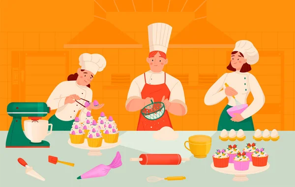 小麦粉と生地のベクトルイラストからカップケーキを作る漫画スタイルの料理文字のチームと菓子シェフの組成物 — ストックベクタ