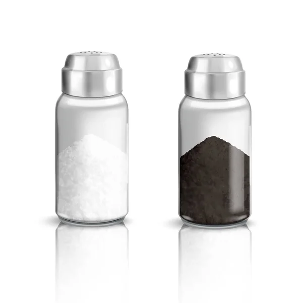 Realistischer Salzpfeffer Glasstreuer Set Aus Transparenten Kellern Gefüllt Mit Salz — Stockvektor