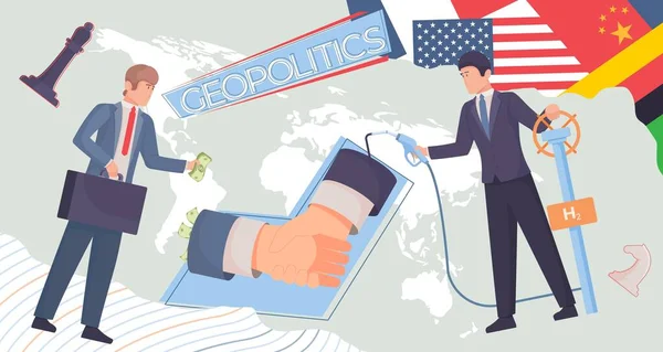 Geopolitik Komposisi Politik Global Dengan Kolase Ikon Datar Karakter Jabat - Stok Vektor
