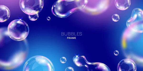 Burbujas Jabón Coloridas Realistas Ilustración Vector Marco Fondo Azul — Vector de stock