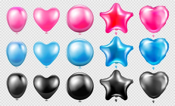 Vzduchové Balónky Tvaru Srdce Hvězdy Realistická Barva Nastavena Průhledném Pozadí — Stockový vektor