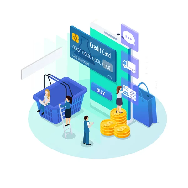 Online Shopping Handel Isometriskt Koncept Med Korg Kreditkort Små Mänskliga — Stock vektor
