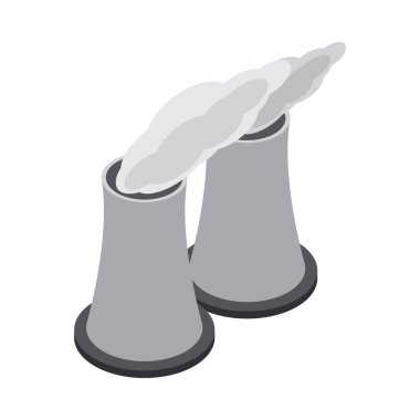 Isometric fabrika boruları duman 3d ikon vektör illüstrasyon yayıyor