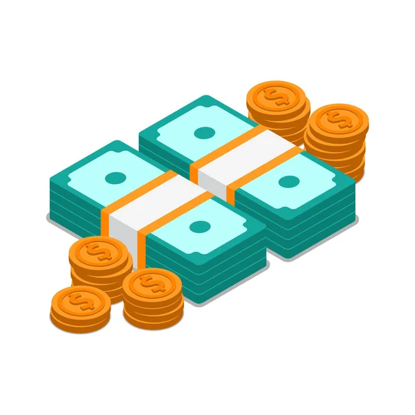 Icona Finanza Monetaria Isometrica Con Pile Banconote Monete Illustrazione Vettoriale — Vettoriale Stock
