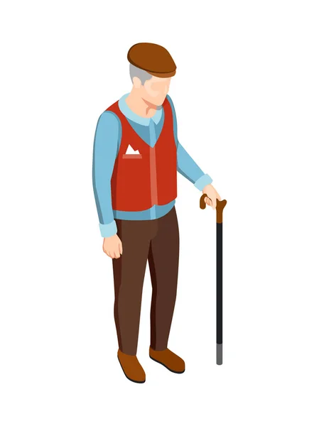 Senior Χαρακτήρα Άνθρωπος Περπάτημα Stick Ισομετρική Διανυσματική Απεικόνιση — Διανυσματικό Αρχείο