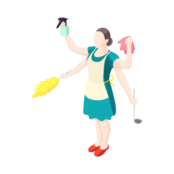 Multitasking Hausfrau Mit Vielen Armen Beim Kochen Und Aufräumen Isometrischer — Stockvektor