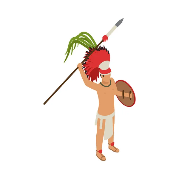 带长矛和盾牌的玛雅文明战士3D等距矢量图解 — 图库矢量图片