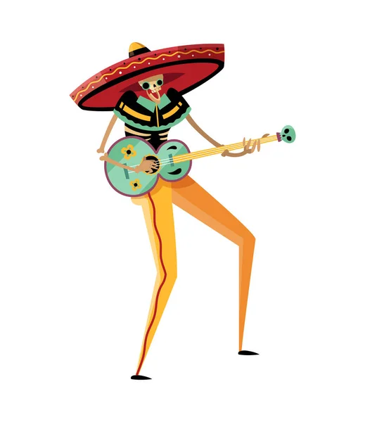 Skelett Sombrero Spielt Gitarre Mexikanischer Tag Des Toten Symbols Flache — Stockvektor