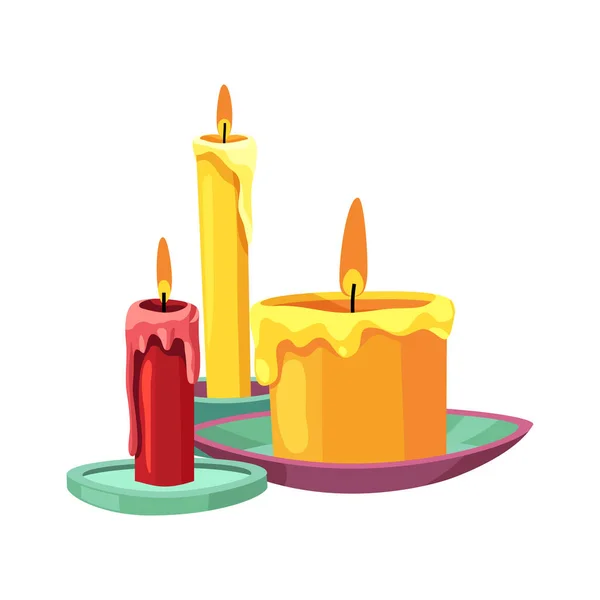 Τρία Πολύχρωμα Κεριά Καύση Επίπεδη Διανυσματική Απεικόνιση — Διανυσματικό Αρχείο