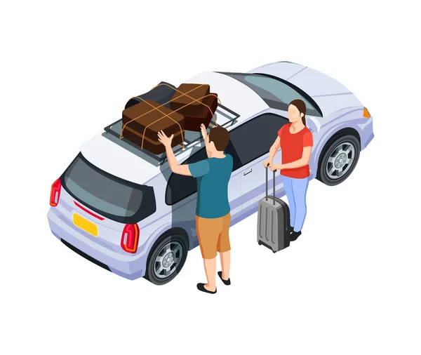 Isometric Family Going Travel Car Packing Suitcases Vector Illustration — Stock Vector