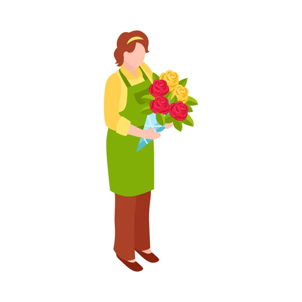 Blomsterhandlare Håller Gäng Röda Och Gula Rosor Isometrisk Vektor Illustration — Stock vektor