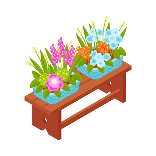 Ισομετρική Κατάστημα Λουλουδιών Εσωτερικό Στοιχείο Ανθισμένα Φυτά Γλάστρες Ξύλινο Τραπέζι — Διανυσματικό Αρχείο