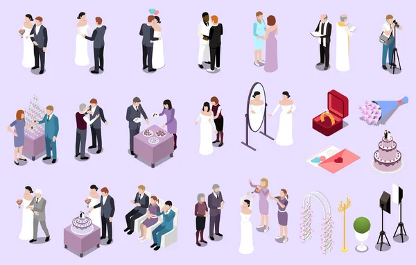 婚礼仪式结婚等号套装 带有客人新郎和新娘的孤立的人物性格 附有花卉矢量图解 — 图库矢量图片