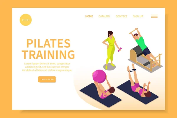 Pilates Isometric Web Site Landing Page Human Characters Clickable Links — 스톡 벡터