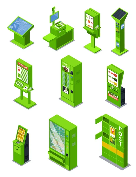 Selbstbedienungs Isometrisches Set Mit Isolierten Icons Von Postfahrkarten Parkautomaten Und — Stockvektor