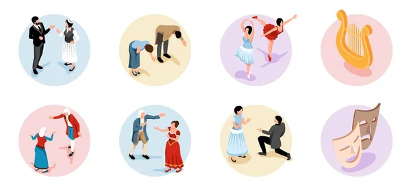 Θεατρικές Ισομετρικές Στρογγυλές Συνθέσεις Χορευτές Μπαλέτου Και Δραματικούς Ηθοποιούς Παίζουν — Διανυσματικό Αρχείο
