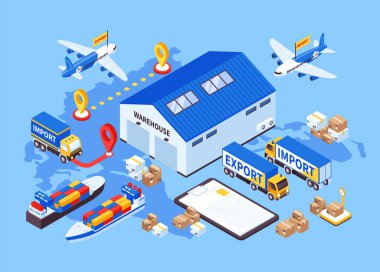 Dünya haritası arka planı ve çoklu kargo araçları illüstrasyonlu depo binasıyla Isometric ihracat izole bileşimi