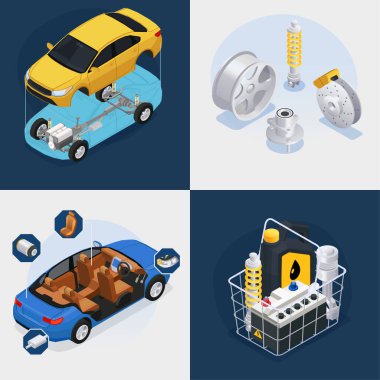 Otomobil parçaları izometrik 2x2 otomatik yedek ve bakım izole vektör çizimi ile ayarlandı