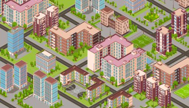 Şehir binalarının izometrik kompozisyonu kuş bakışı şehir bloğu ve modern apartman evleri vektör illüstrasyonu.