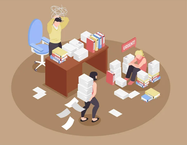 Isometric Office Chaos Composition Human Characters Coworkers Paperwork Mess Tired — Stock Vector