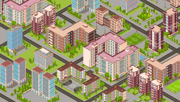Városépületek Izometrikus Összetétele Madarak Szem Előtt Tartva Városi Blokk Modern — Stock Vector