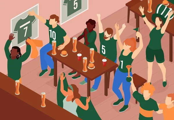 室内啤酒酒吧风景与俱乐部色彩矢量画中的一组支持者的等距运动迷构图 — 图库矢量图片