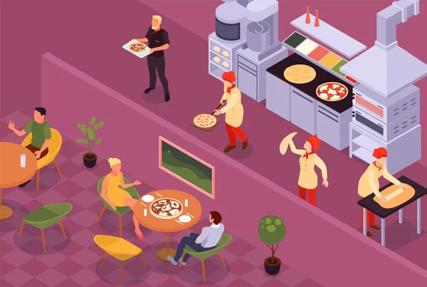 等比萨饼的构成与餐厅的室内景观与厨师 侍者和客户在餐桌病媒说明 — 图库矢量图片