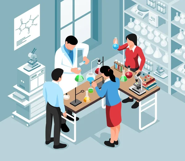 School Science Lab Isometric Background Teacher Students Performing Practical Tasks — Stock Vector