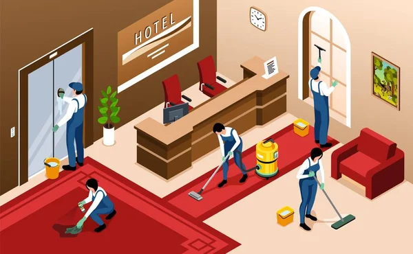 Serviço Limpeza Fundo Isométrico Com Equipe Trabalhadores Salão Hotel Limpeza — Vetor de Stock