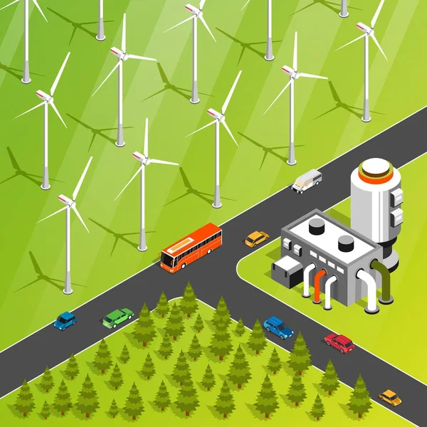 Zöld Energia Izometrikus Illusztráció Szélturbinákkal Bioüzemanyag Üzem Elektromos Autók Vektor — Stock Vector