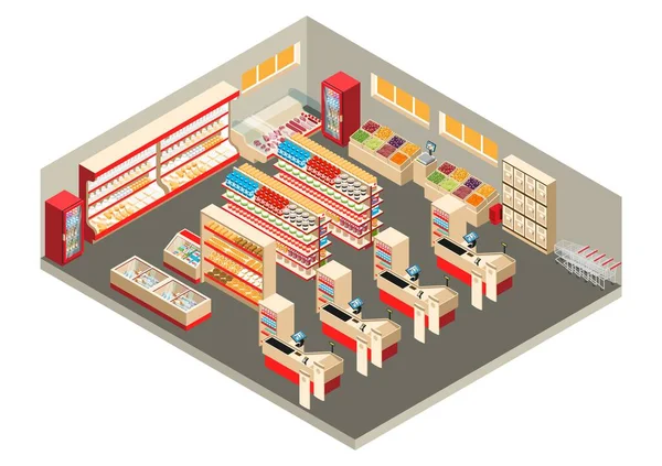Interior Sala Comercio Supermercados Con Mostradores Frigoríficos Cajas Objeto Isométrico — Archivo Imágenes Vectoriales
