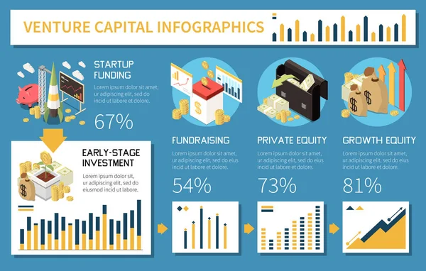 Infografías Isométricas Capital Riesgo Con Composiciones Redondas Iconos Financieros Gráficos — Vector de stock