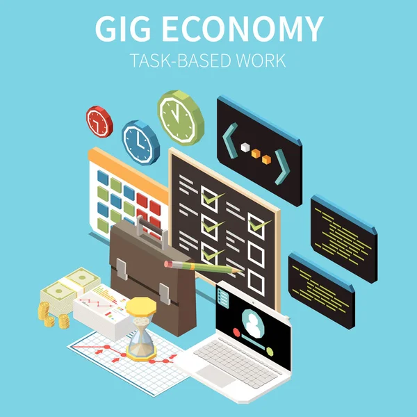 Gig Economy Isometrische Samenstelling Met Taakgebaseerde Werk Pictogrammen Van Klok — Stockvector