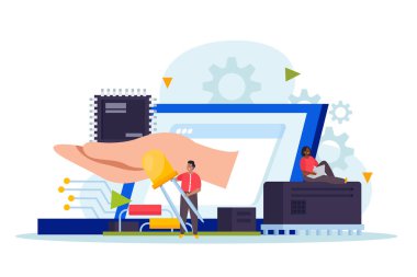 Mikroçip ve bilgisayar donanımı düz stil kavramı. Dizüstü bilgisayarı ve elektronik devre bileşeni çizimi olan küçük insanlar.