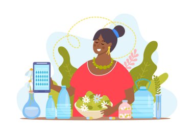 Çiçekli ve haplı kadın karakterin su dengesi düz bileşimi. Akıllı telefon ve damla ikon vektör çizimi.