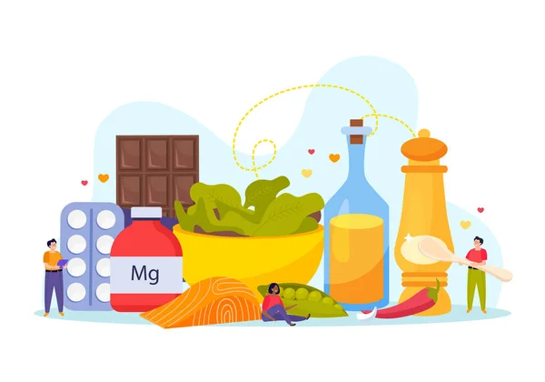 Composizione Alimenti Piatti Base Magnesio Con Fonti Naturali Nutrienti Pillole — Vettoriale Stock