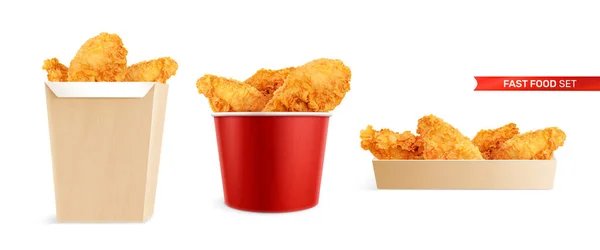 Kip Fast Food Emmers Realistische Set Met Geïsoleerde Vooraanzicht Beelden — Stockvector