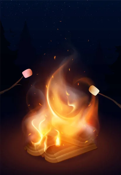 Realistisches Lagerfeuer Mit Gebratenen Marshmallows Auf Stöcken Hintergrund Mit Nachtwald — Stockvektor
