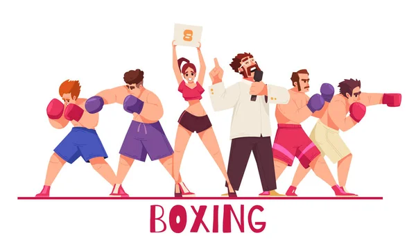 Boxeadores Composición Boxeo Colores Diferentes Poses Árbitro Chica Con Signo — Vector de stock