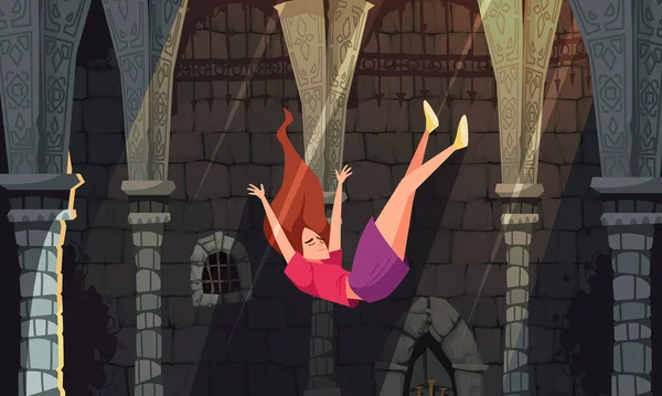 古代の城のベクトルのイラストの壁に向かって飛んで色落ちの人々の組成の女の子 — ストックベクタ