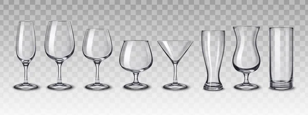 Alcohol Drinks Glassware Set Transparent Background Realistic Images Empty Glasses — Stock Vector