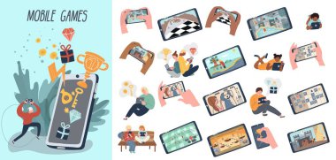 Akıllı telefon ve oyun başarı simgeleriyle mobil oyunlar düz bileşimi izole edilmiş görüntü vektör illüstrasyonları ile