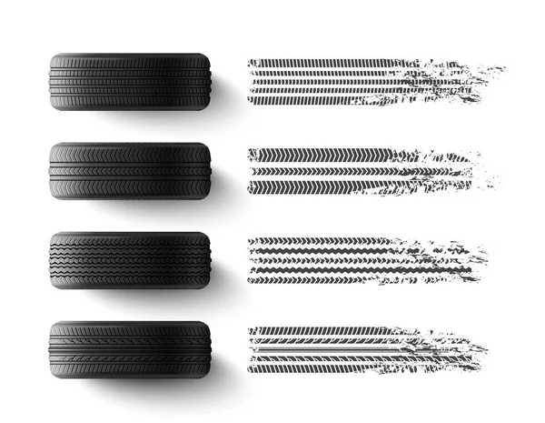 Neumáticos Coche Con Diferentes Patrones Banda Rodadura Protectora Conjunto Monocromo — Vector de stock
