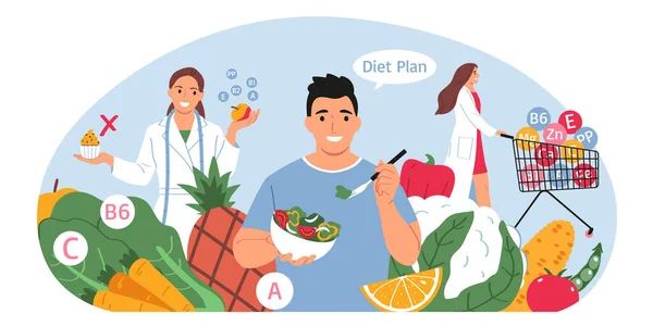 Nutritionist Rådgivning Koncept Med Diet Plan Symboler Platt Vektor Illsutration — Stock vektor