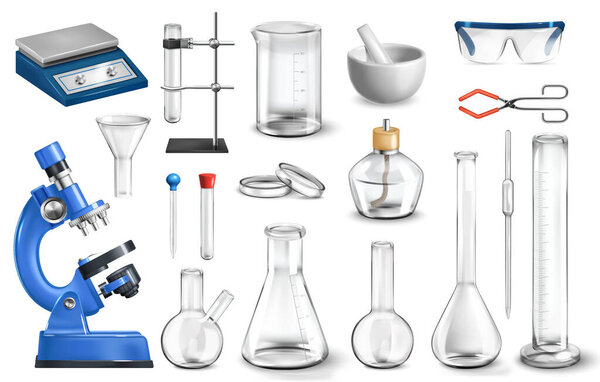 Реалистичный лабораторный набор с изолированными изображениями стеклянных банок и колб с микроскопом и векторной иллюстрацией пробирки