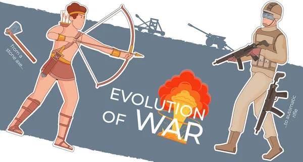 具有平面图标拼贴的战争演变历史构图 武器的轮廓和士兵矢量图解 — 图库矢量图片