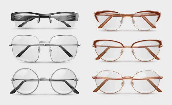 基于灰度背景的真实感矢量图解的各种形状的现代时髦眼镜 — 图库矢量图片